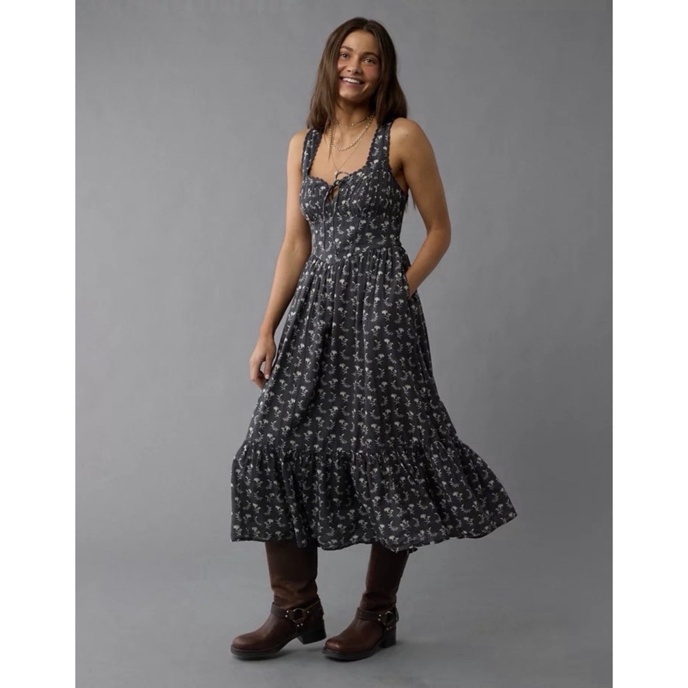 American Eagle Corset Tiered Midi Dress Women Large Gray Floral Milkmaid Cottage